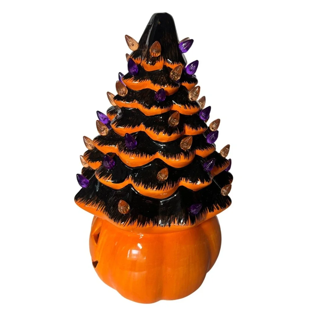 Ceramic Halloween Tree Jack-O-Lantern Base Orange Black Purple Lights  *READ